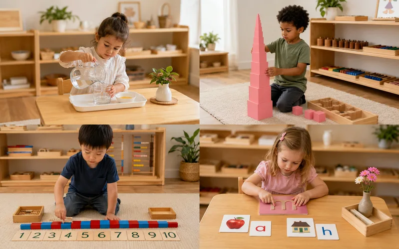 Các lĩnh vực Montessori giúp trẻ phát triển đồng thời kỹ năng sống, giác quan, ngôn ngữ, toán học và vận động.